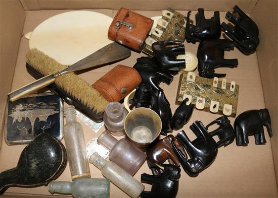 Qty elephants, 2 whist counters, ivory etc